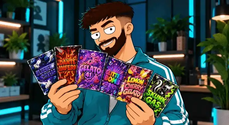 Ready-made mylar strain packs held by a cartoon character