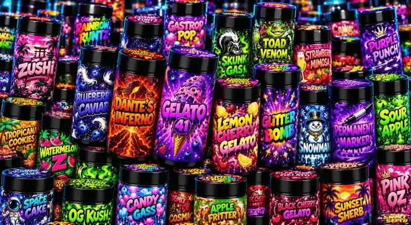 Ready-made 7g UV jars with pre-labelled strain designs