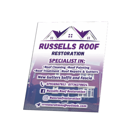 Custom printed A4 flyer design for Russells Roof Restoration, featuring company logo, services, and contact details.