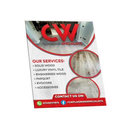 Custom printed A5 flyer design for CW Flooring Specialists, featuring services list, flooring images, and contact details.