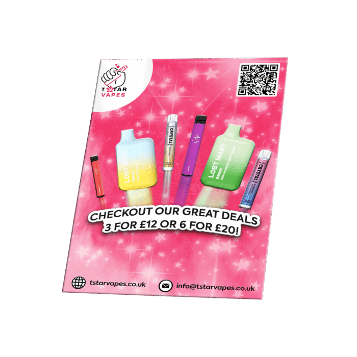 Custom printed A6 flyer design for T Star Vapes, featuring vape products, QR code, deals, and contact details.