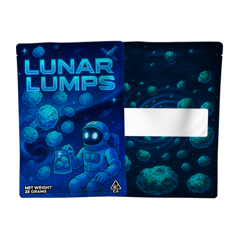custom 28g mylar bag with astronaut and asteroid space theme