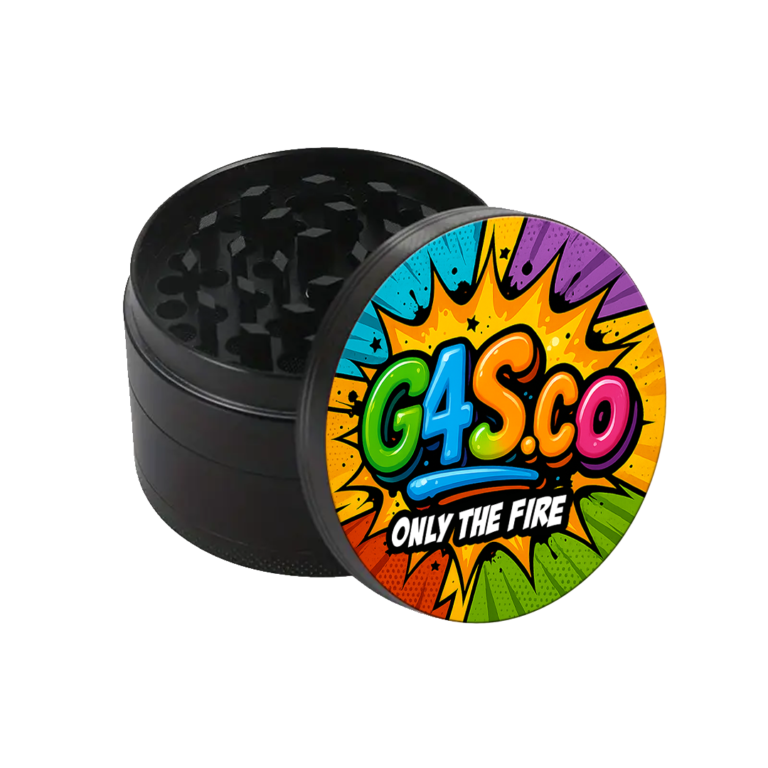 Custom metal grinder with colourful G4S.co “Only The Fire” print on lid