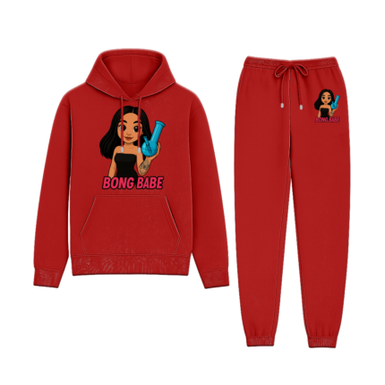 Custom women’s red tracksuit with Bong Babe cartoon design on hoodie and joggers