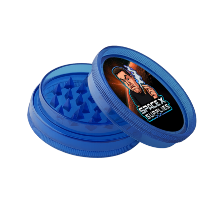 Personalised plastic grinder with custom SpaceX Supplies design on lid