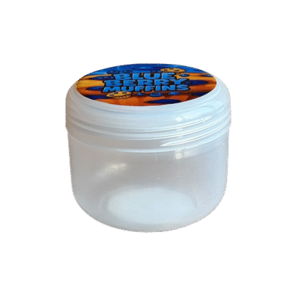 Custom 3.5g white plastic pods with personalised Blueberry Muffins stickers displayed separately.