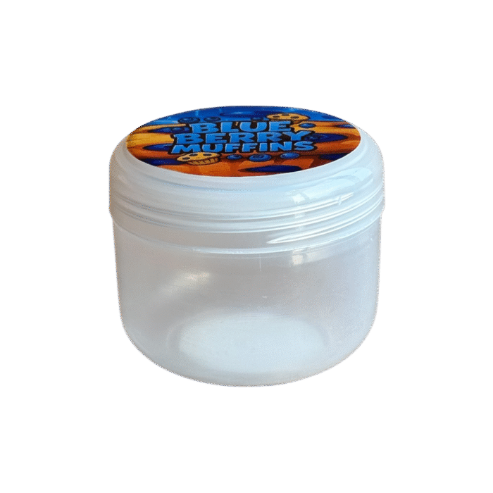 Custom 3.5g white plastic pods with personalised Blueberry Muffins stickers displayed separately.