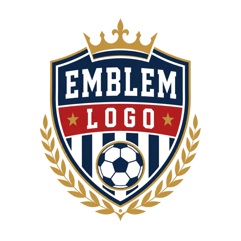 Emblem logo design example — a navy and gold crest badge with a football, banner and laurel wreath
