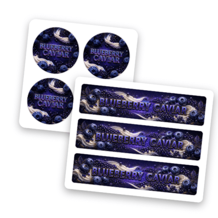 Blueberry Caviar 3.5g glass jar label set, body wrap and lid sticker