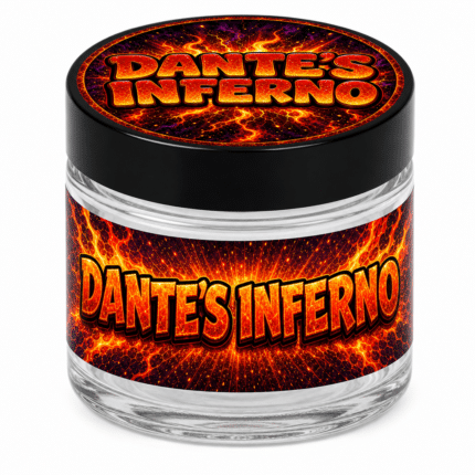 Dante’s Inferno 3.5g glass jar with the label applied, ready to fill