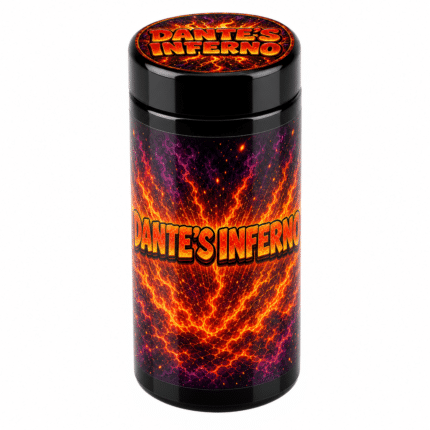 Dante’s Inferno 7g UV glass jar with the label applied, ready to fill