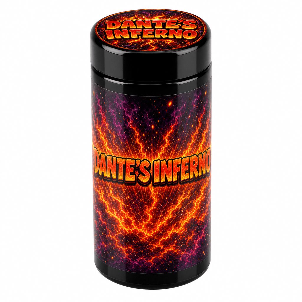 dantes-inferno-7g-uv-jar-mockup Dante’s Inferno 7g UV glass jar with the label applied, ready to fill