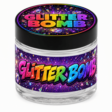 Glitter Bomb 3.5g glass jar with the label applied, ready to fill