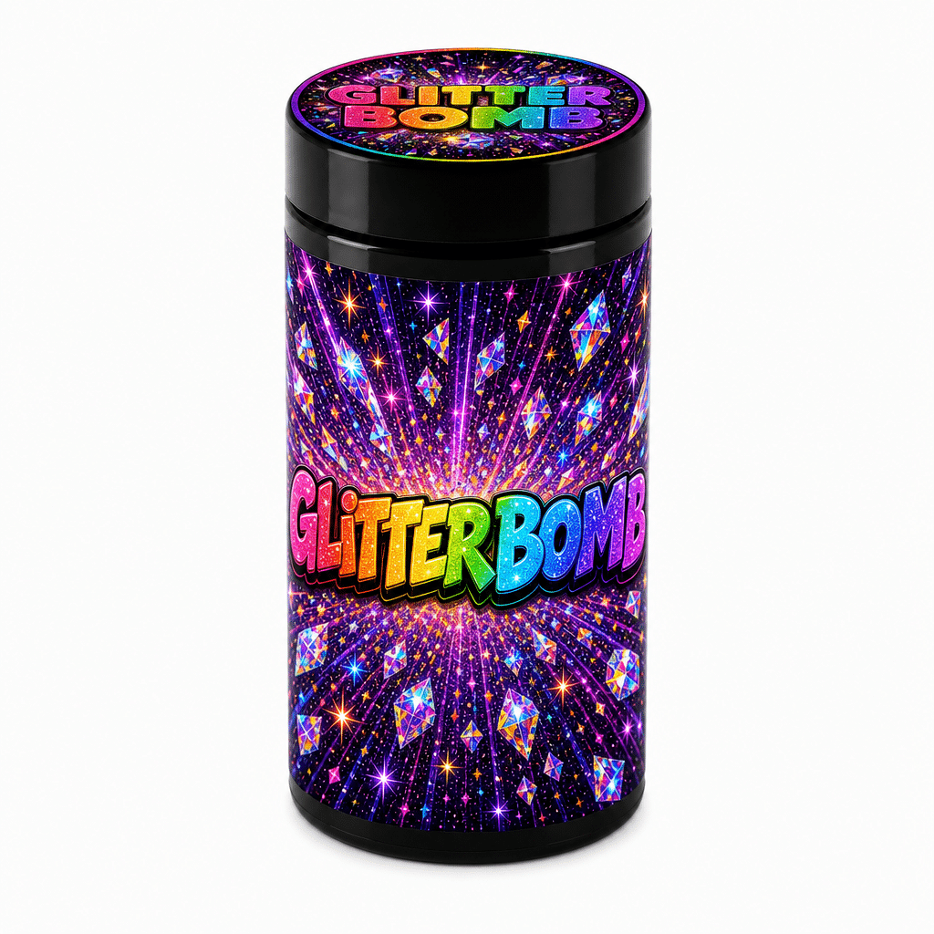 Glitter Bomb 7g UV Jar Mockup Glitter Bomb 7g UV glass jar with the label applied, ready to fill