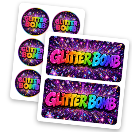 Glitter Bomb 7g UV glass jar label set, body wrap and lid sticker