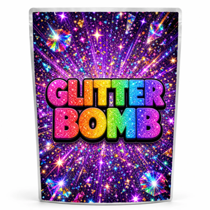 Glitter Bomb pre-labelled mylar bag, ready-made strain packaging