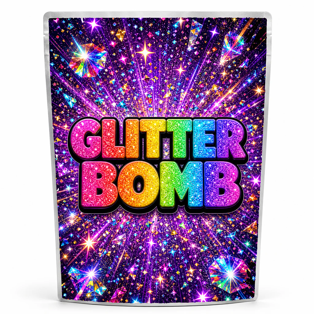 Glitter Bomb Mylar Sticker Pack Mockup Glitter Bomb pre-labelled mylar bag, ready-made strain packaging