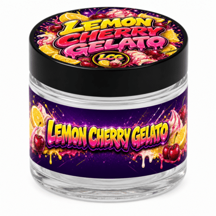 Lemon Cherry Gelato 3.5g glass jar with the label applied, ready to fill