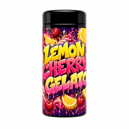 Lemon Cherry Gelato 7g UV glass jar with the label applied, ready to fill