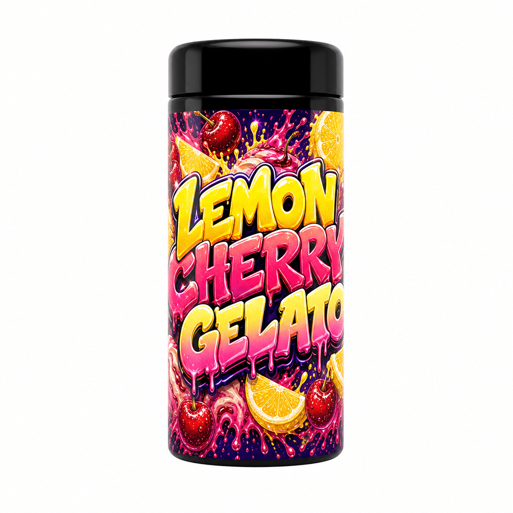 Lemon Cherry Gelato 7g UV Jar Mockup v2 Lemon Cherry Gelato 7g UV glass jar with the label applied, ready to fill