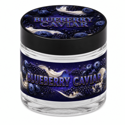 Blueberry Caviar 3.5g glass jar with the label applied, ready to fill