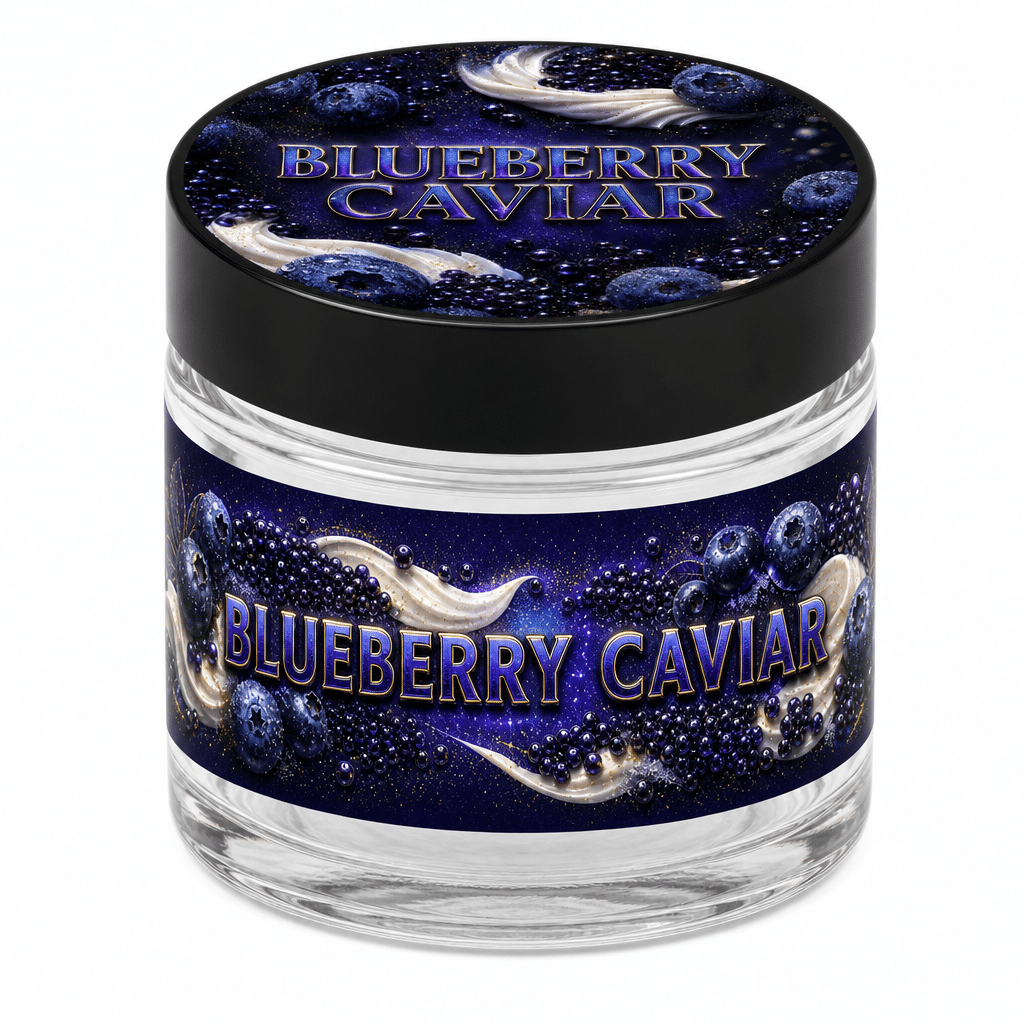 Blueberry Caviar - jar_3_5g Blueberry Caviar 3.5g glass jar with the label applied, ready to fill