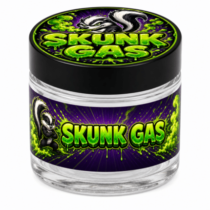 Skunk Gas 3.5g glass jar with the label applied, ready to fill