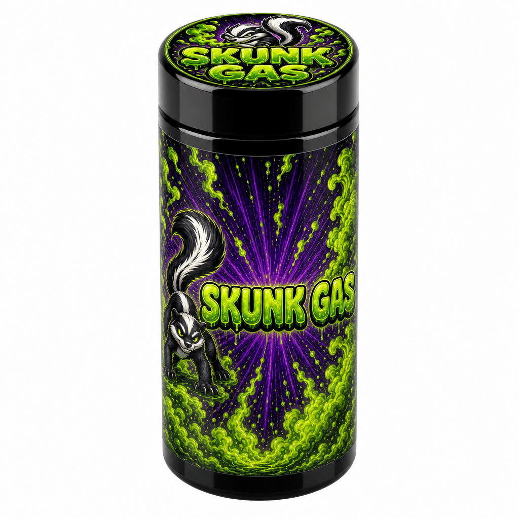 Skunk Gas - jar_7g_uv Skunk Gas 7g UV glass jar with the label applied, ready to fill