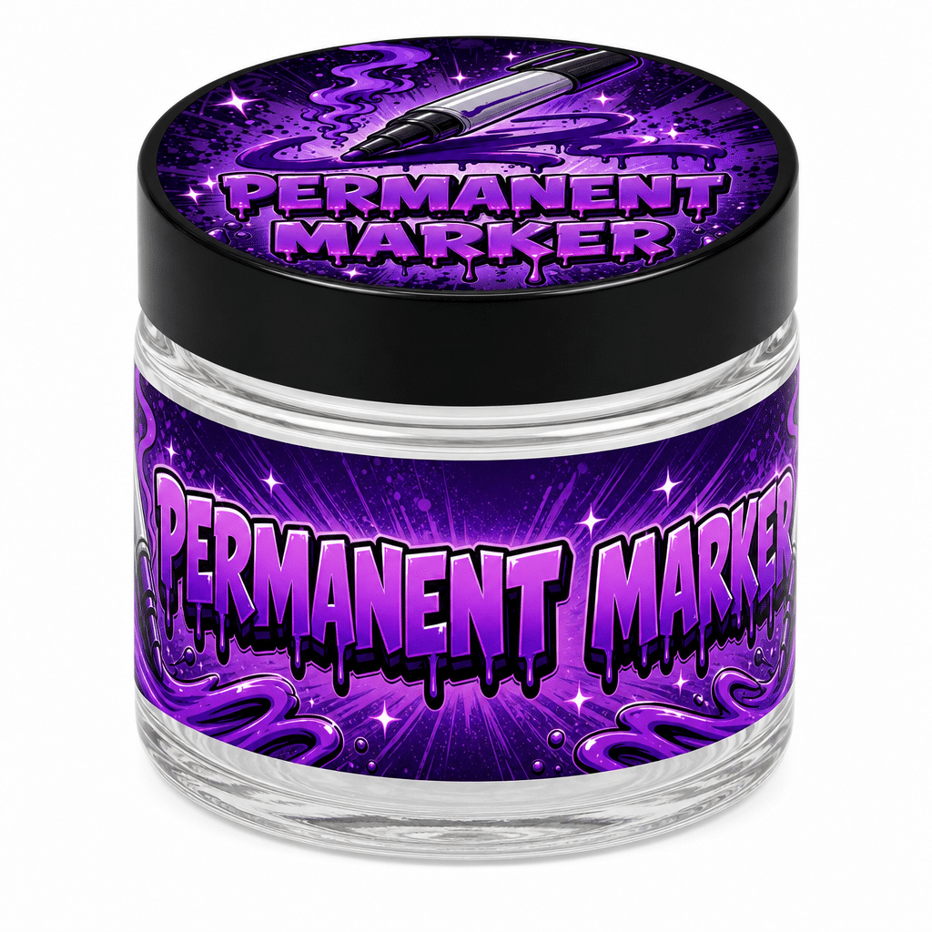 Permanent Marker - jar_3_5g Permanent Marker 3.5g glass jar with the label applied, ready to fill