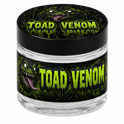 Toad Venom 3.5g glass jar with the label applied, ready to fill