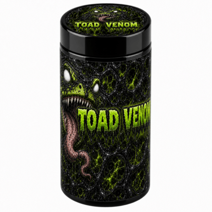 Toad Venom 7g UV glass jar with the label applied, ready to fill