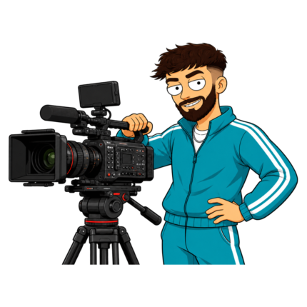 Printy Design cartoon character in a teal tracksuit standing beside a cinema camera on a tripod