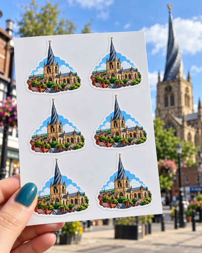 Crooked Spire die-cut stickers held up in front of the Crooked Spire, Chesterfield