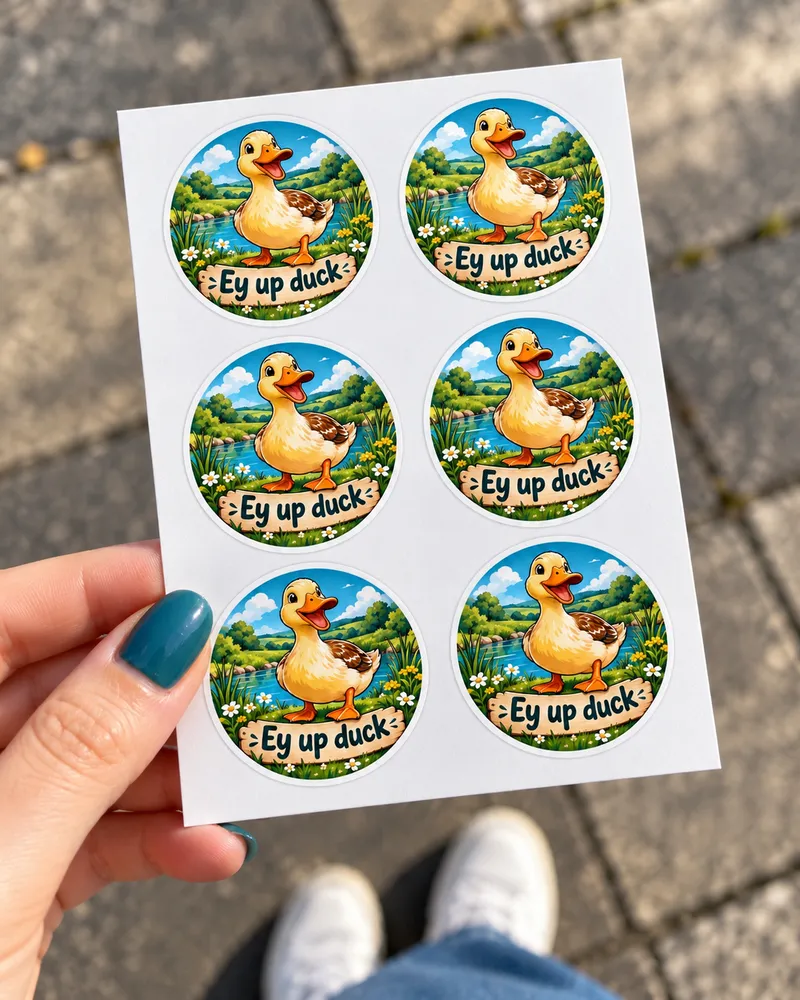 Ey up duck round stickers, a Derbyshire saying, on a sticker sheet
