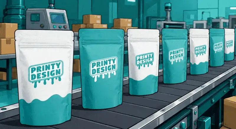Printy Design branded mylar pouches on a production conveyor belt