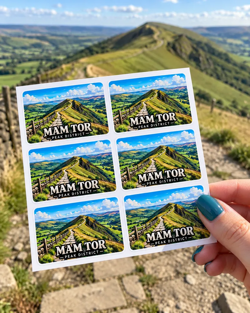 Mam Tor Peak District rectangle stickers held up on the Mam Tor ridge path