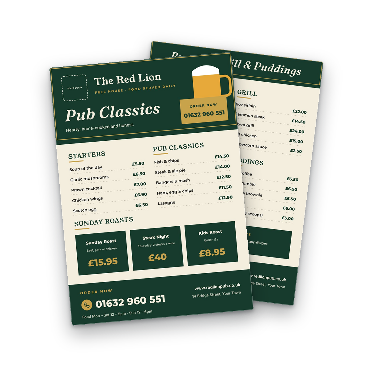 Pub Food & Sunday Roast Menu Template front and back Pub Food & Sunday Roast Menu Template front and back