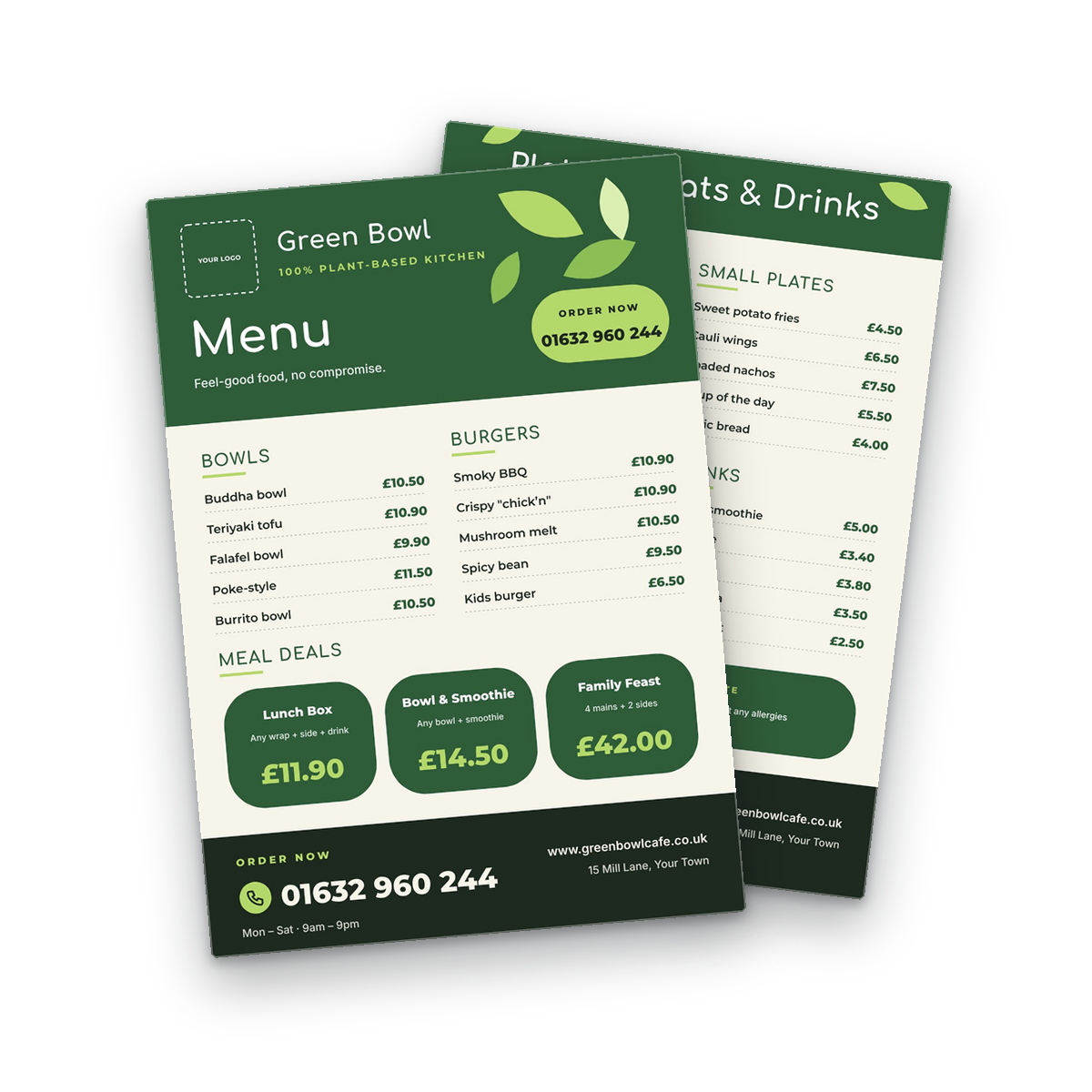 Plant-Based Café Menu Template front and back Plant-Based Café Menu Template front and back