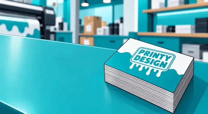 Stack of Printy Design business cards on a print shop counter