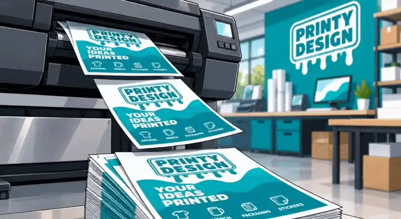 Printy Design flyers coming out of a printer in the print shop