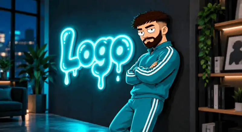 Neon Logo sign with a cartoon character leaning against the wall - logo design