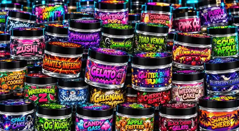Ready-made 3.5g jars with pre-labelled strain designs