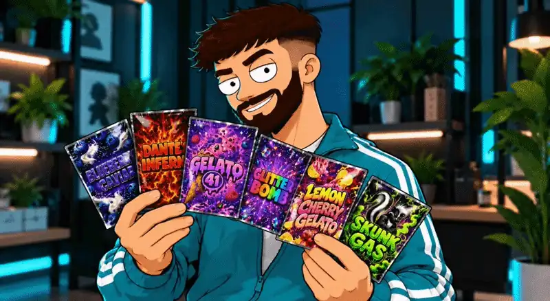Ready-made mylar strain packs held by a cartoon character