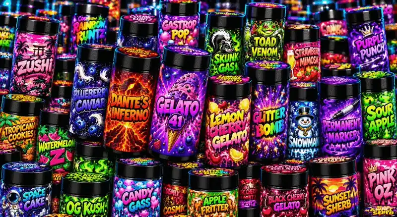 Ready-made 7g UV jars with pre-labelled strain designs